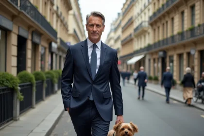 Homme parisien en costume marche avec son chien dans une avenue élégante