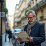 Homme d'âge moyen en costume bleu examinant une carte à Paris