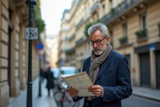 Homme d'âge moyen en costume bleu examinant une carte à Paris