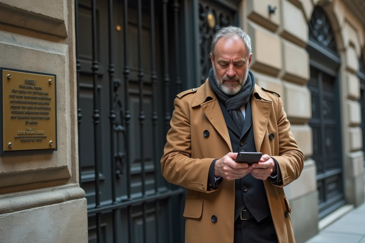 Homme en trench photographiant une plaque devant un immeuble
