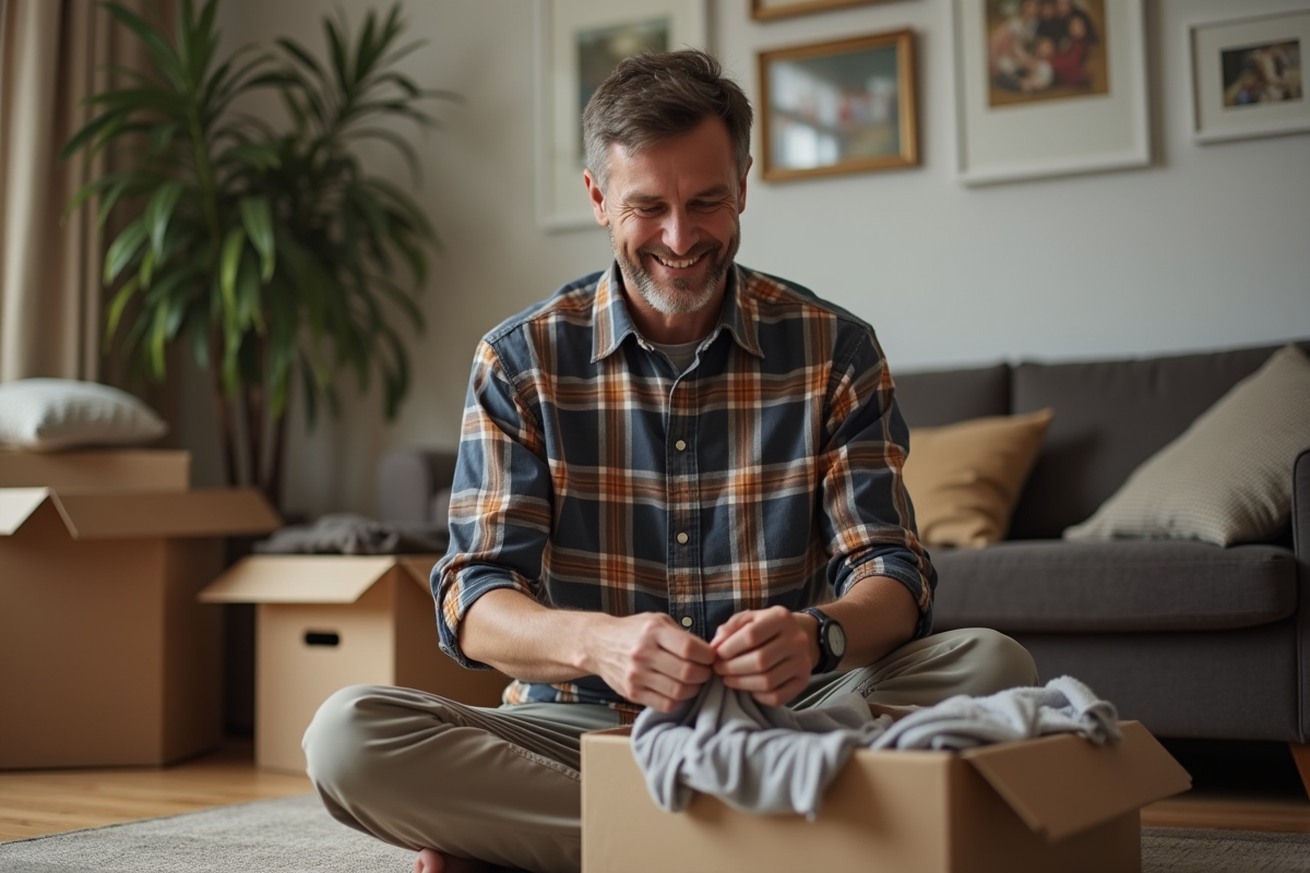 Homme d age pliant des vetements dans une maison en transition