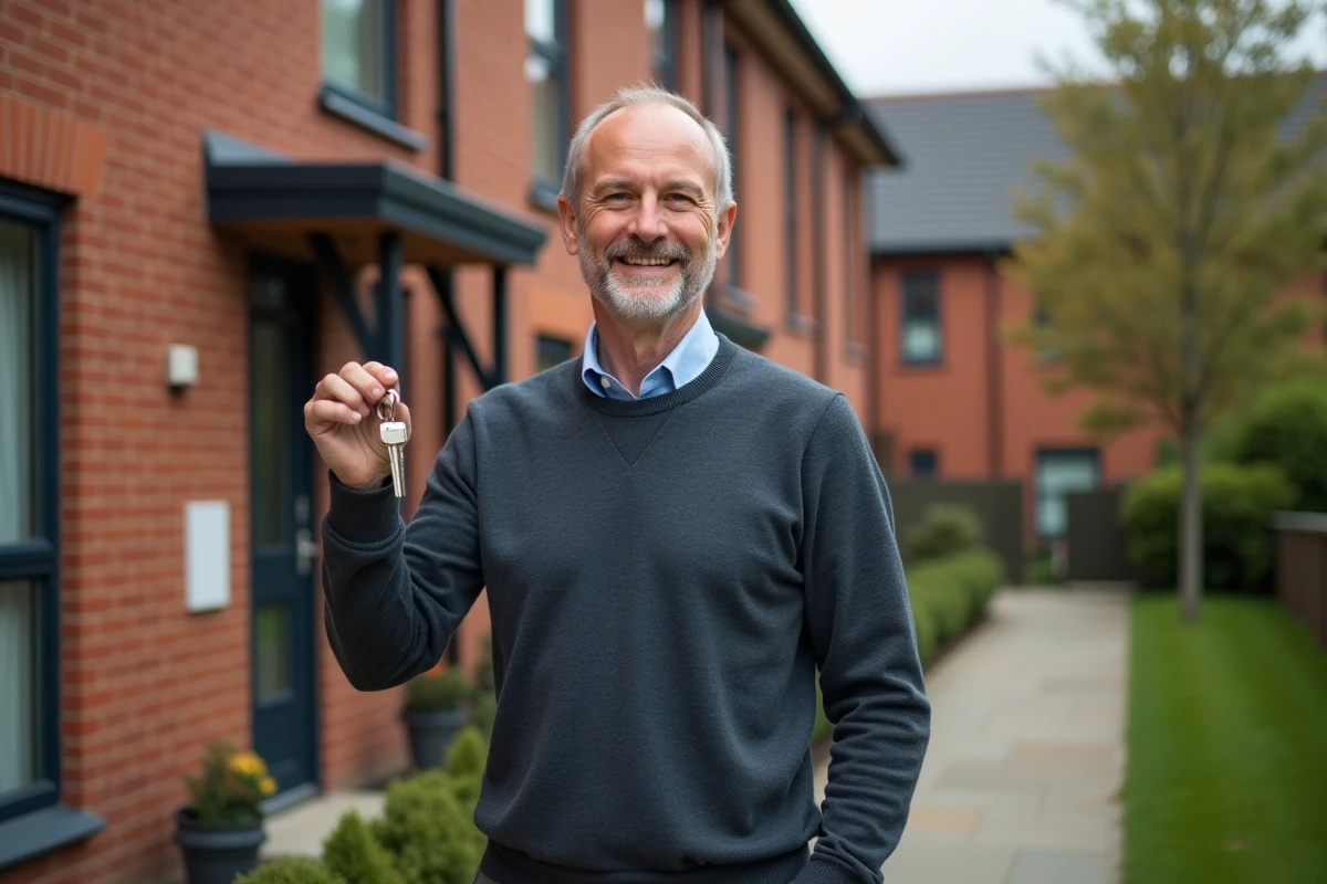Homme souriant avec clés devant bâtiment résidentiel