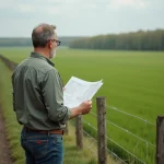 Homme d'âge moyen avec carte foncière dans un champ vert