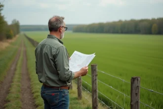 Homme d'âge moyen avec carte foncière dans un champ vert