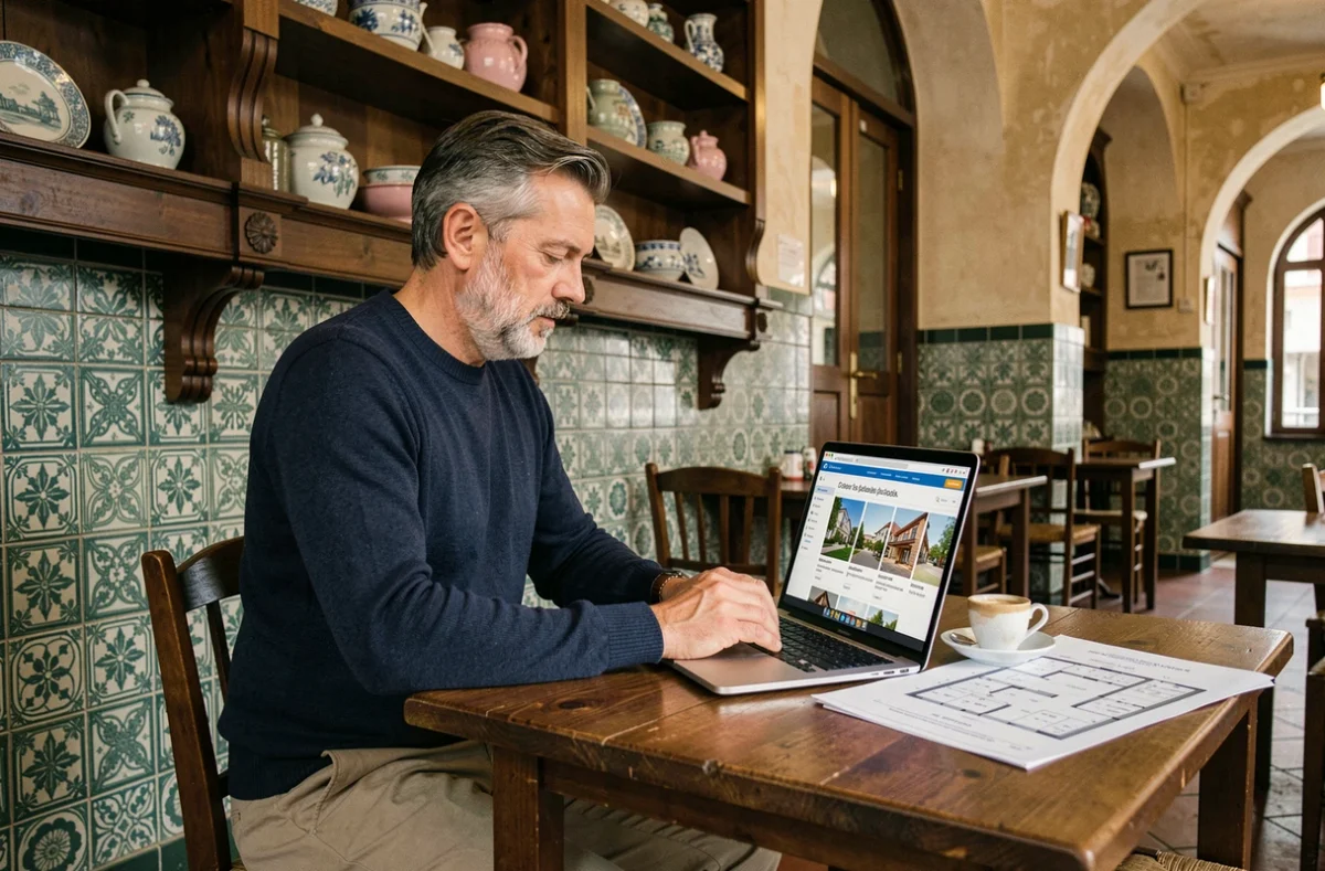 Homme recherchant un bien immobilier à Porto sur son ordinateur dans un café traditionnel aux murs carrelés d'azulejos