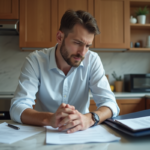 Homme concentré revoyant un contrat dans une cuisine moderne