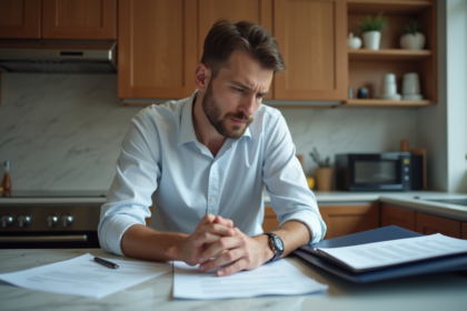 Homme concentré revoyant un contrat dans une cuisine moderne