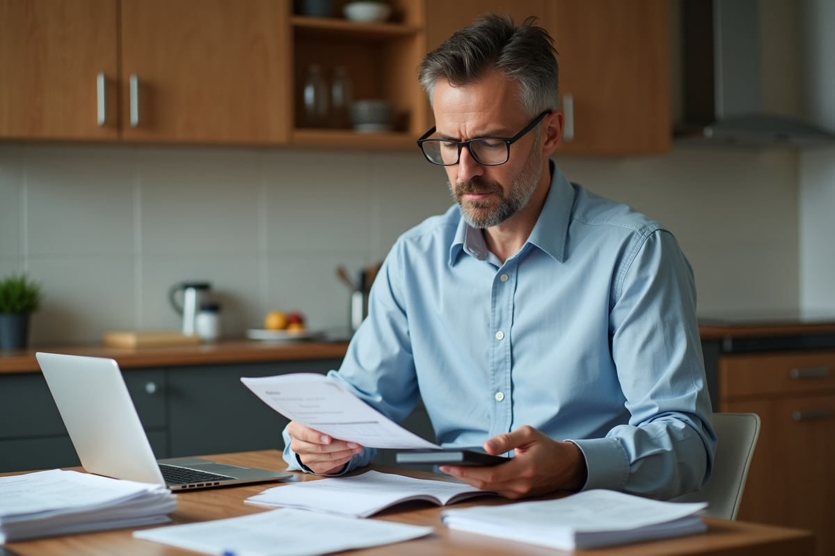 Homme d'âge moyen vérifiant ses factures de rénovation