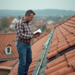 Homme d'âge moyen sur le toit mesurant la surface