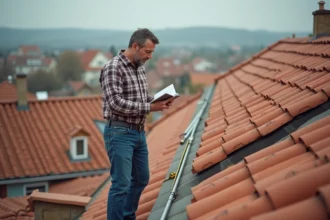 Homme d'âge moyen sur le toit mesurant la surface