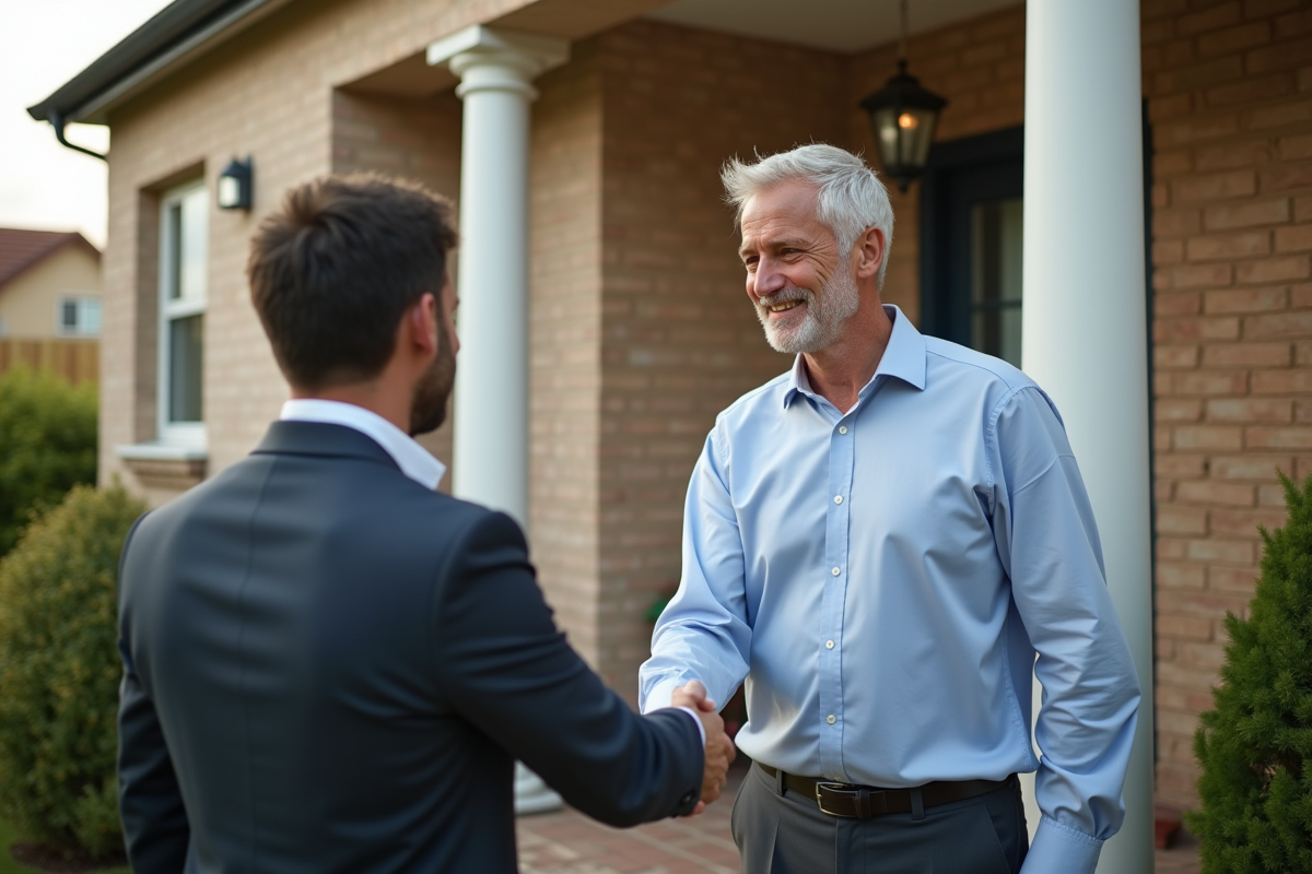 Homme serrant la main du propriétaire devant une maison de banlieue