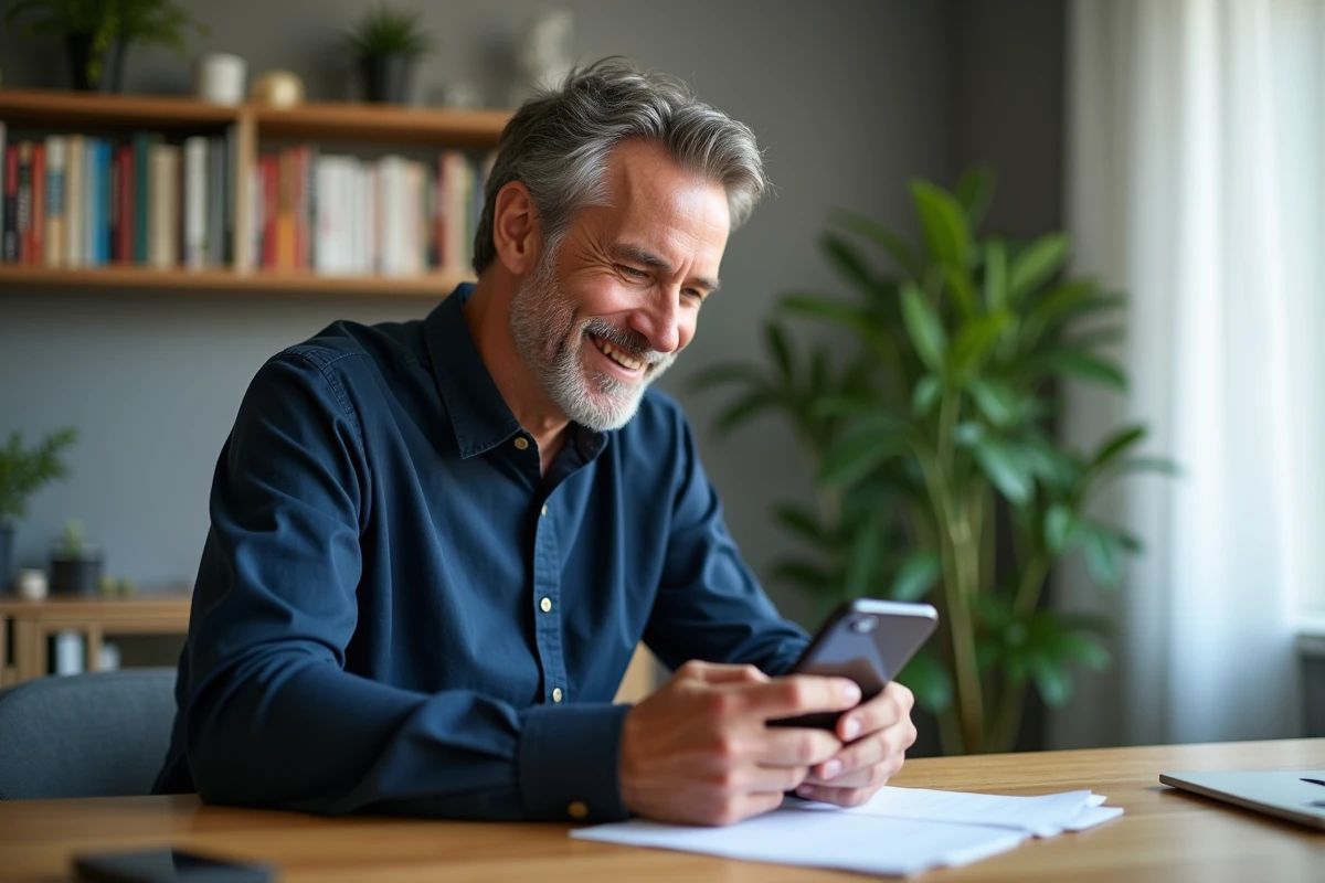 Homme souriant avec son smartphone dans son salon