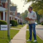 Homme d'âge moyen devant une maison en foreclosure