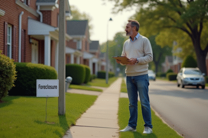 Homme d'âge moyen devant une maison en foreclosure