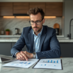 Homme en costume bleu dans une cuisine lumineuse