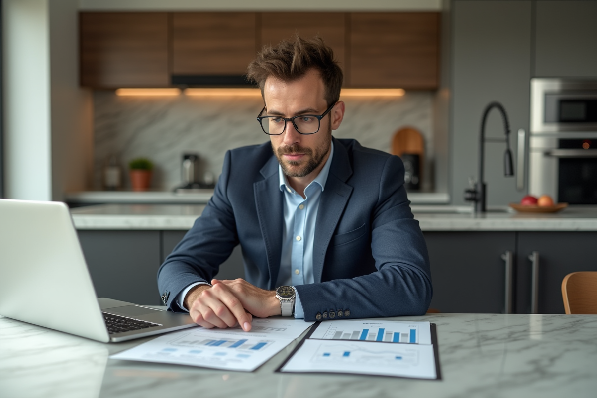 Homme en costume bleu dans une cuisine lumineuse