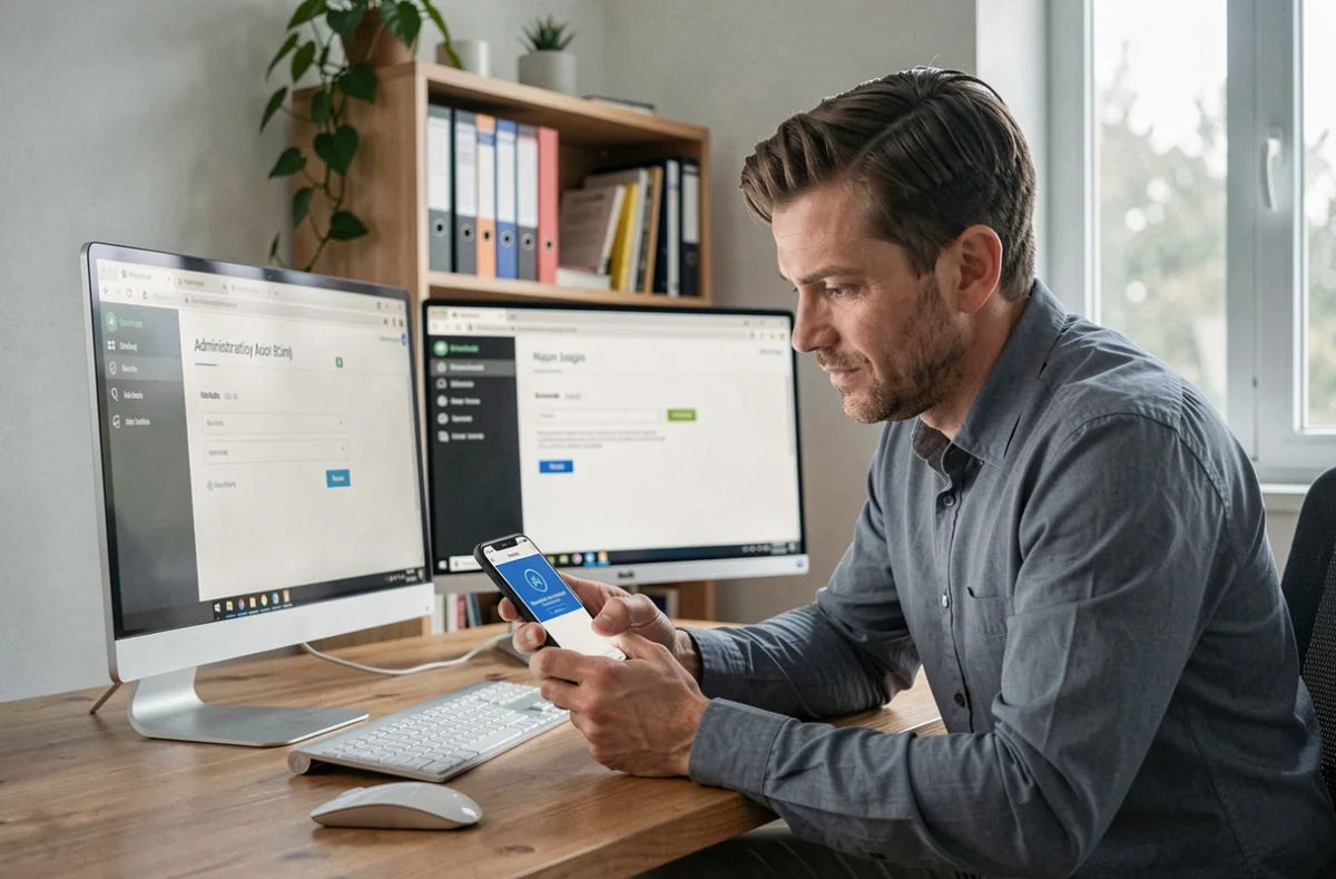 Homme en télétravail consultant son téléphone face à un problème d'accès à un portail administratif
