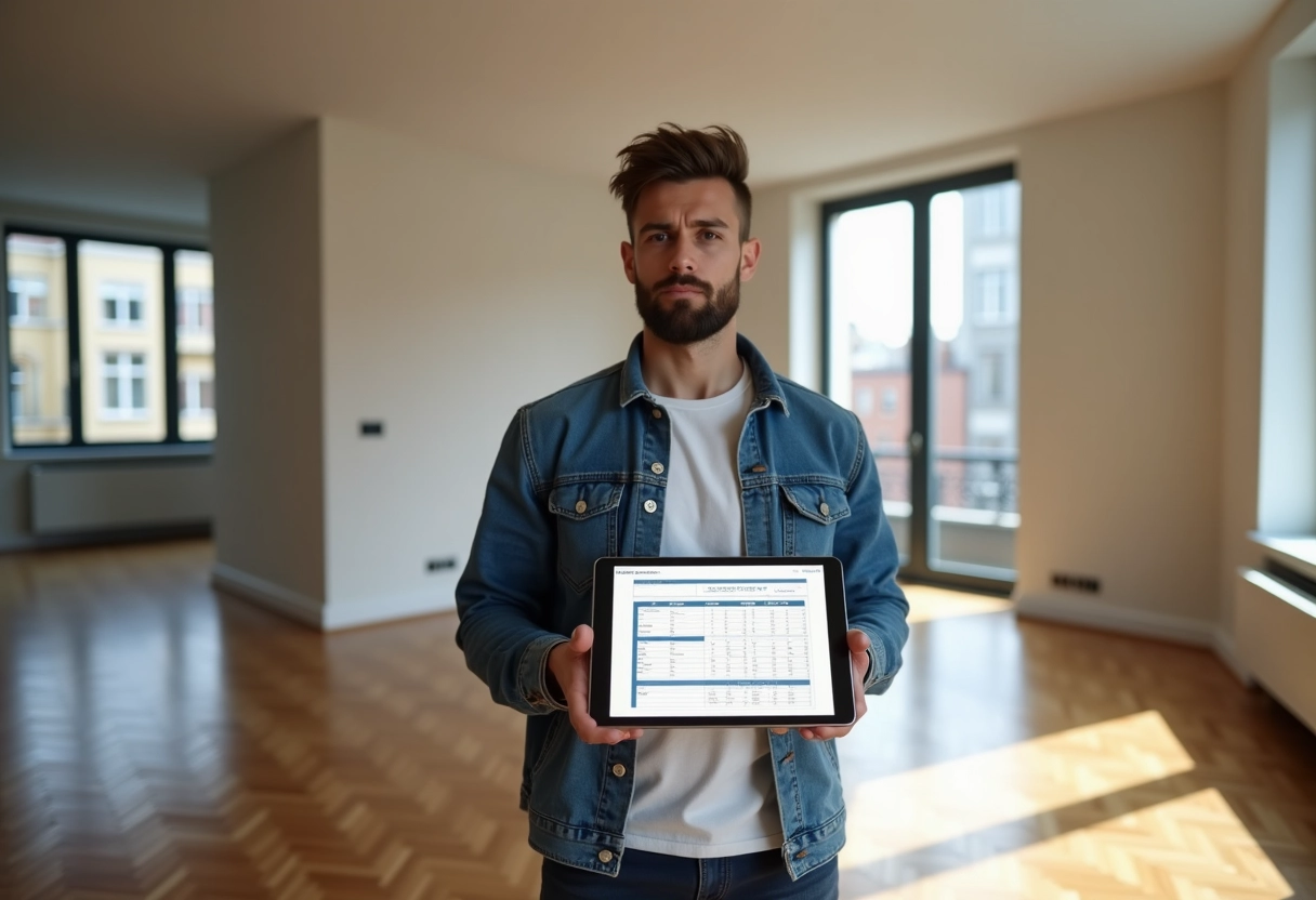 Homme avec tablette évaluant la valeur d un appartement