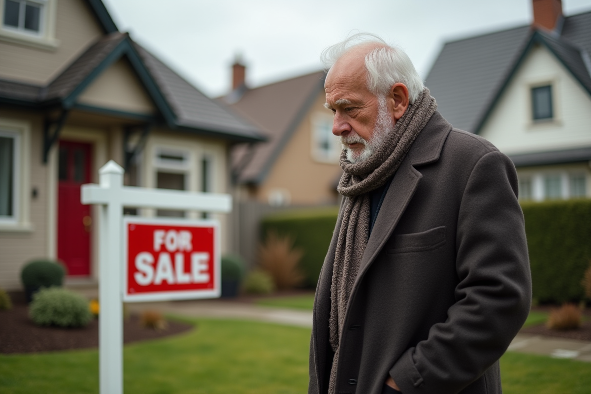 Homme âgé regardant un panneau à vendre devant une maison de banlieue