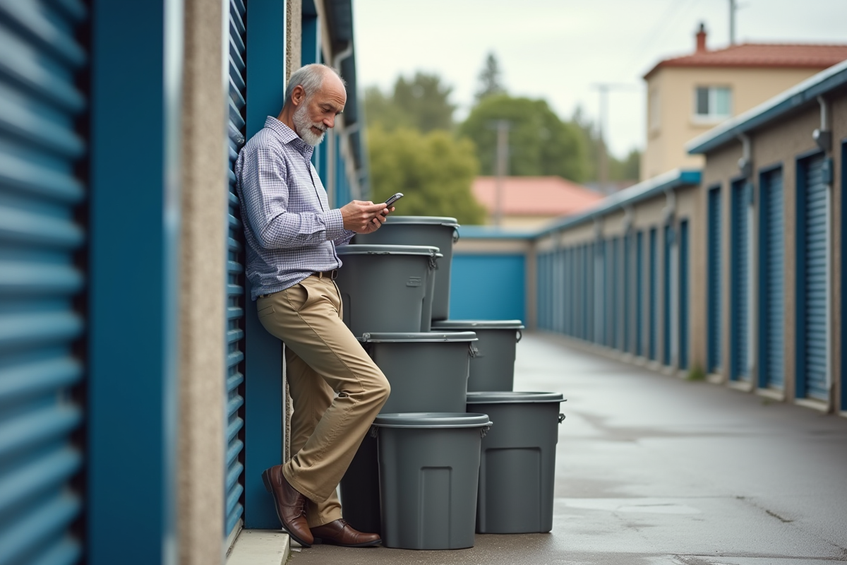 Homme vérifie son smartphone devant un centre de stockage