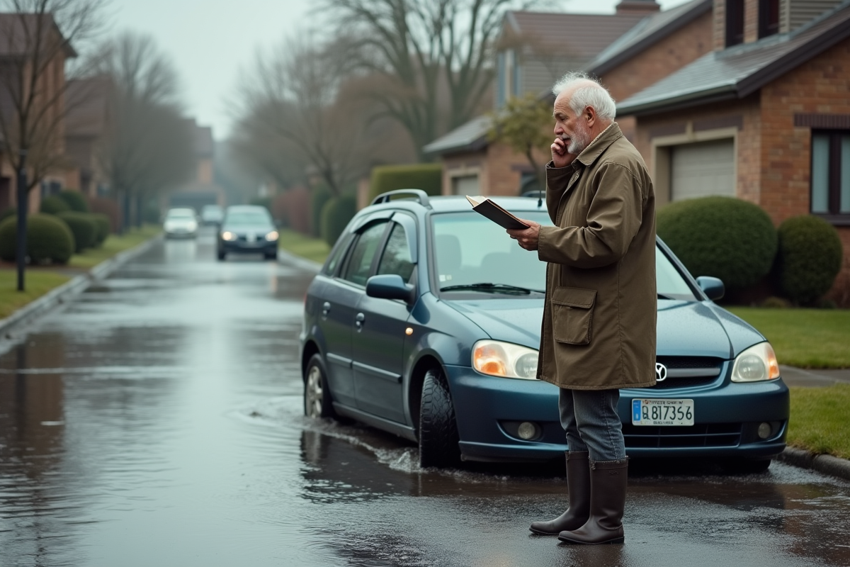 Homme en imperméable près d