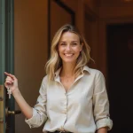 Hôte Airbnb femme tenant des clés devant une porte d'appartement haussmannien à Paris