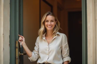 Hôte Airbnb femme tenant des clés devant une porte d'appartement haussmannien à Paris