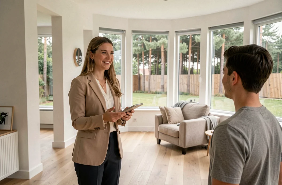Agent de Human Immobilier faisant visiter un séjour lumineux à un couple dans les Landes