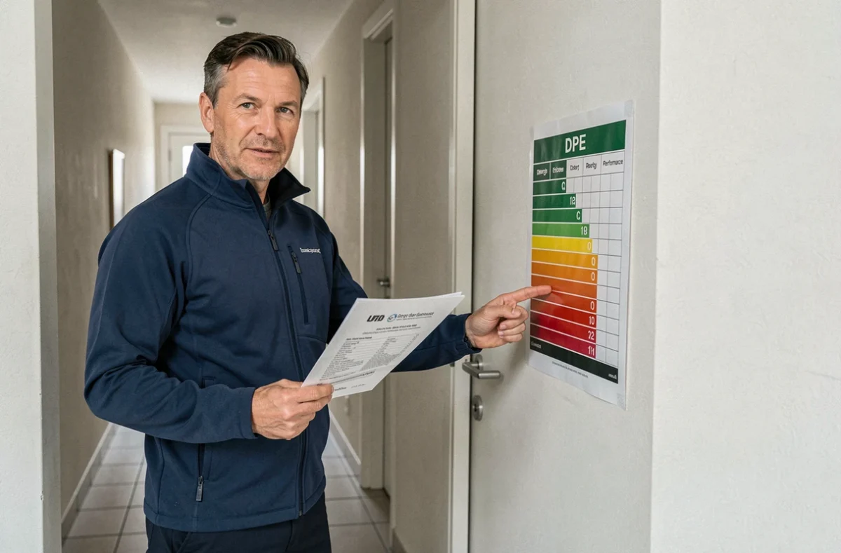 Expert Ingenac expliquant une étiquette DPE à la porte d'un appartement dans les Hauts-de-Seine