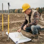 Ingénieur civil étudiant un plan topographique sur un terrain non viabilisé lors de l'estimation des coûts de viabilisation
