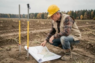 Ingénieur civil étudiant un plan topographique sur un terrain non viabilisé lors de l'estimation des coûts de viabilisation