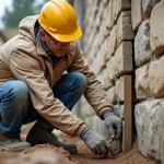 Ingénieur inspectant une fissure diagonale à la base d'un mur de fondation en pierre d'une maison ancienne