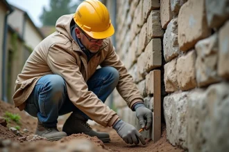 Ingénieur inspectant une fissure diagonale à la base d'un mur de fondation en pierre d'une maison ancienne
