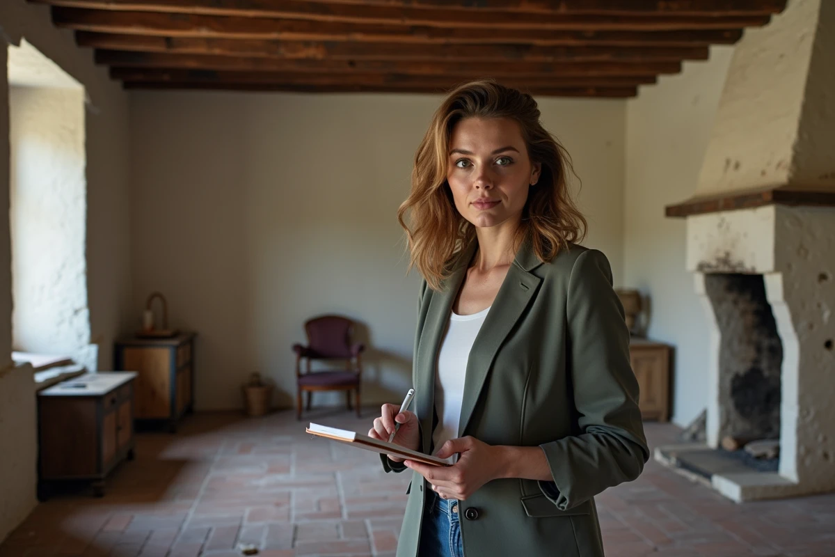 Jeune femme inspectant une maison normande intérieurement