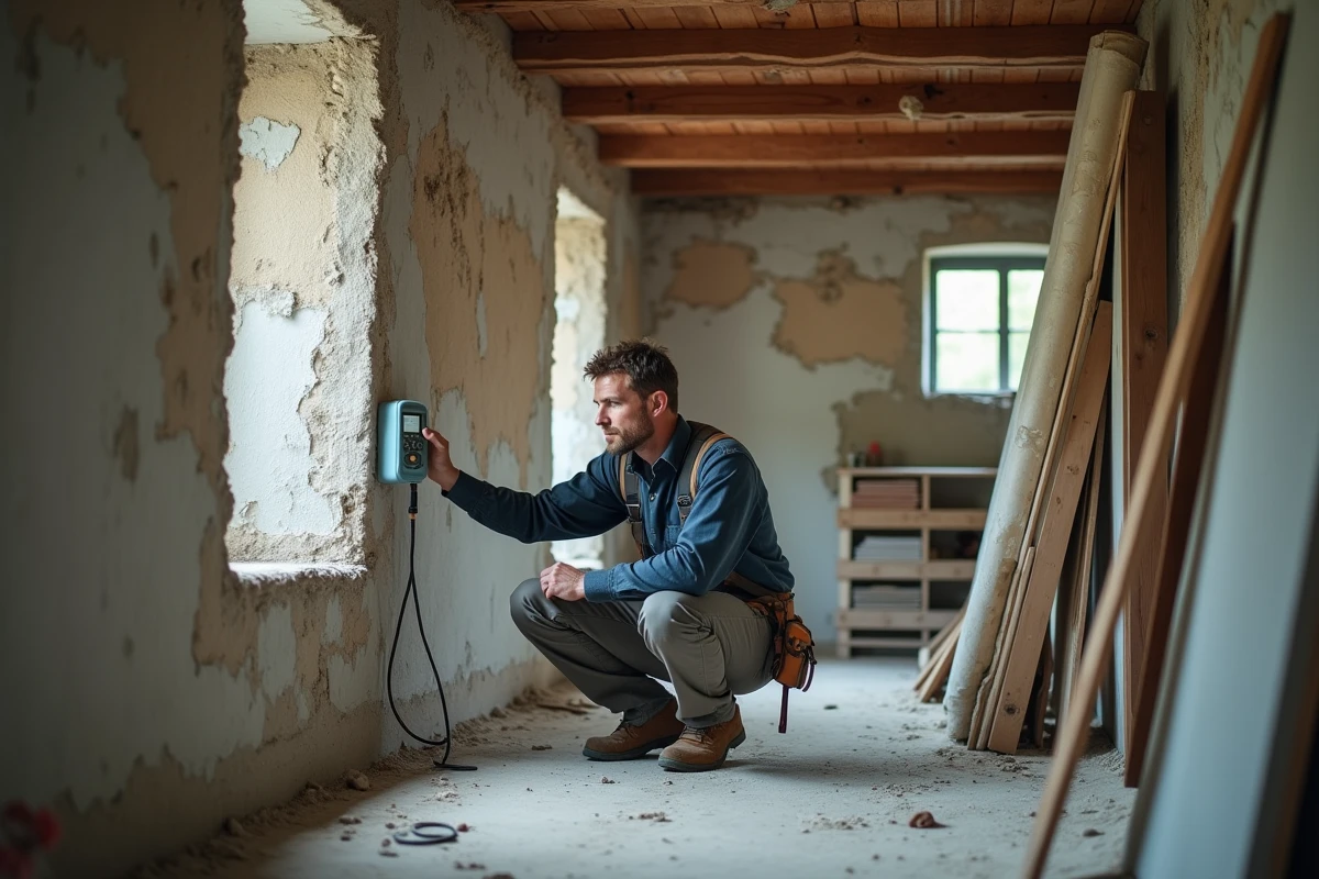 Artisan inspectant une cloison humide dans une maison bretonne en rénovation avec un hygromètre