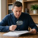 Investisseur analysant les frais cachés d'une SCPI sur un document financier avec une loupe
