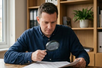 Investisseur analysant les frais cachés d'une SCPI sur un document financier avec une loupe