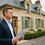 Investisseur immobilier évaluant une maison en pierre à vendre à Beauvais avec document en main