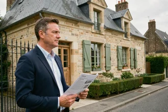 Investisseur immobilier évaluant une maison en pierre à vendre à Beauvais avec document en main