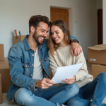 Jeune couple signant un contrat dans un appartement en transition