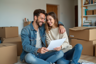 Jeune couple signant un contrat dans un appartement en transition