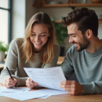 Jeune couple dans une cuisine moderne examine des documents immobiliers