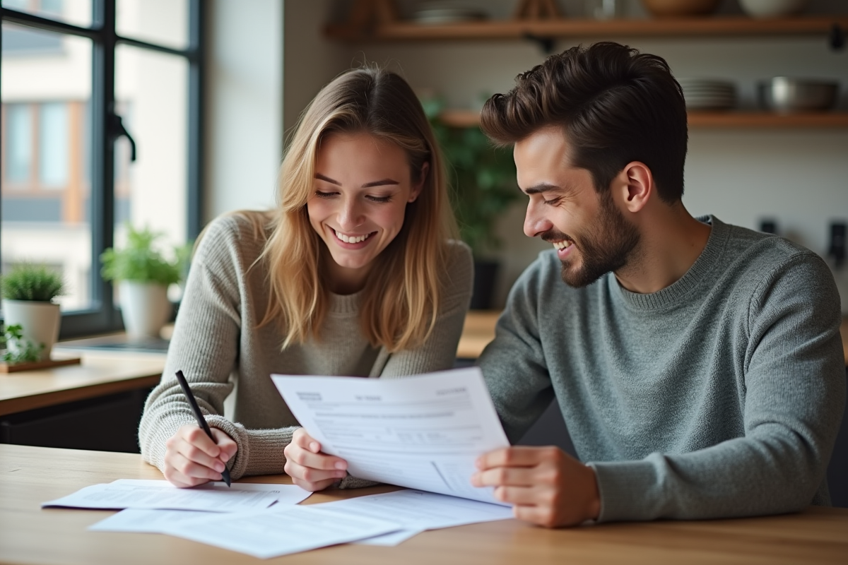 Jeune couple dans une cuisine moderne examine des documents immobiliers