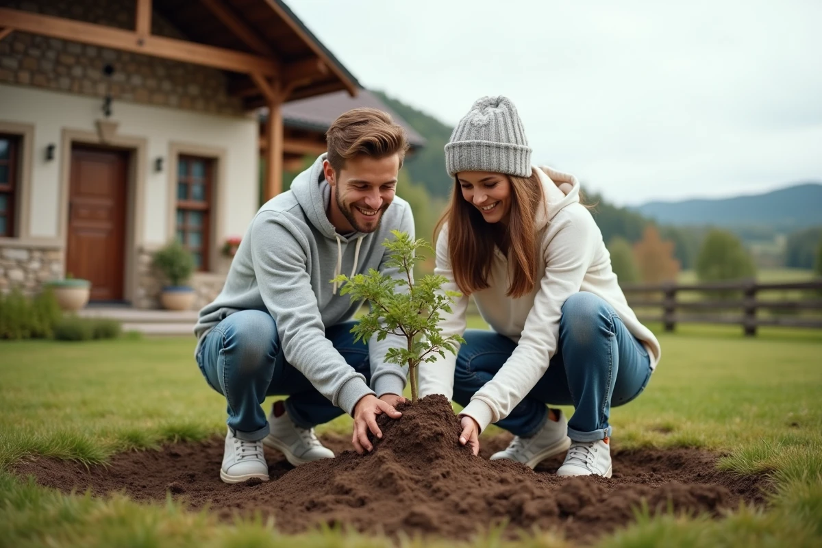 Jeune couple plantant un arbre dans leur jardin rural