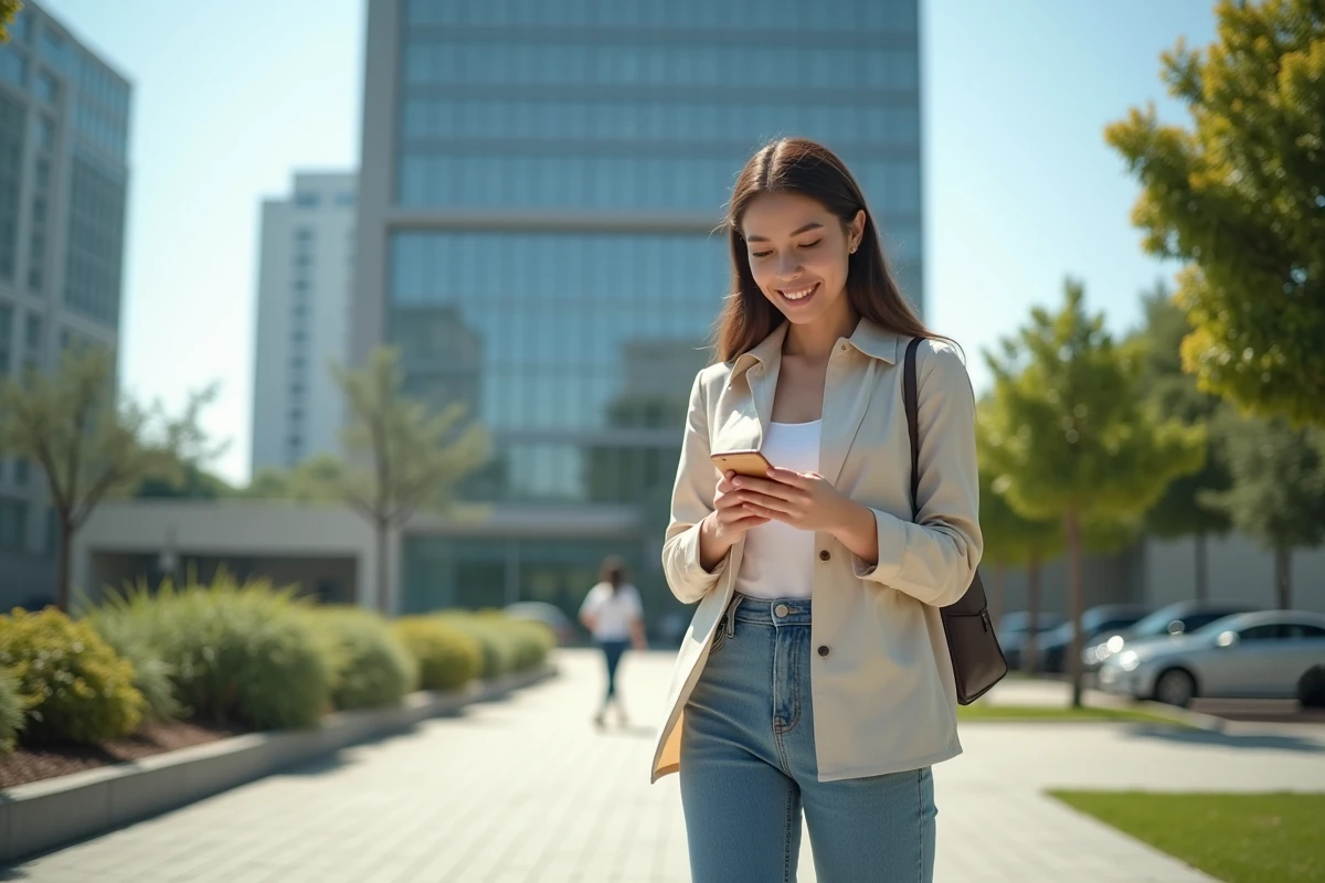 Jeune femme vérifiant ses messages devant Almas Tower