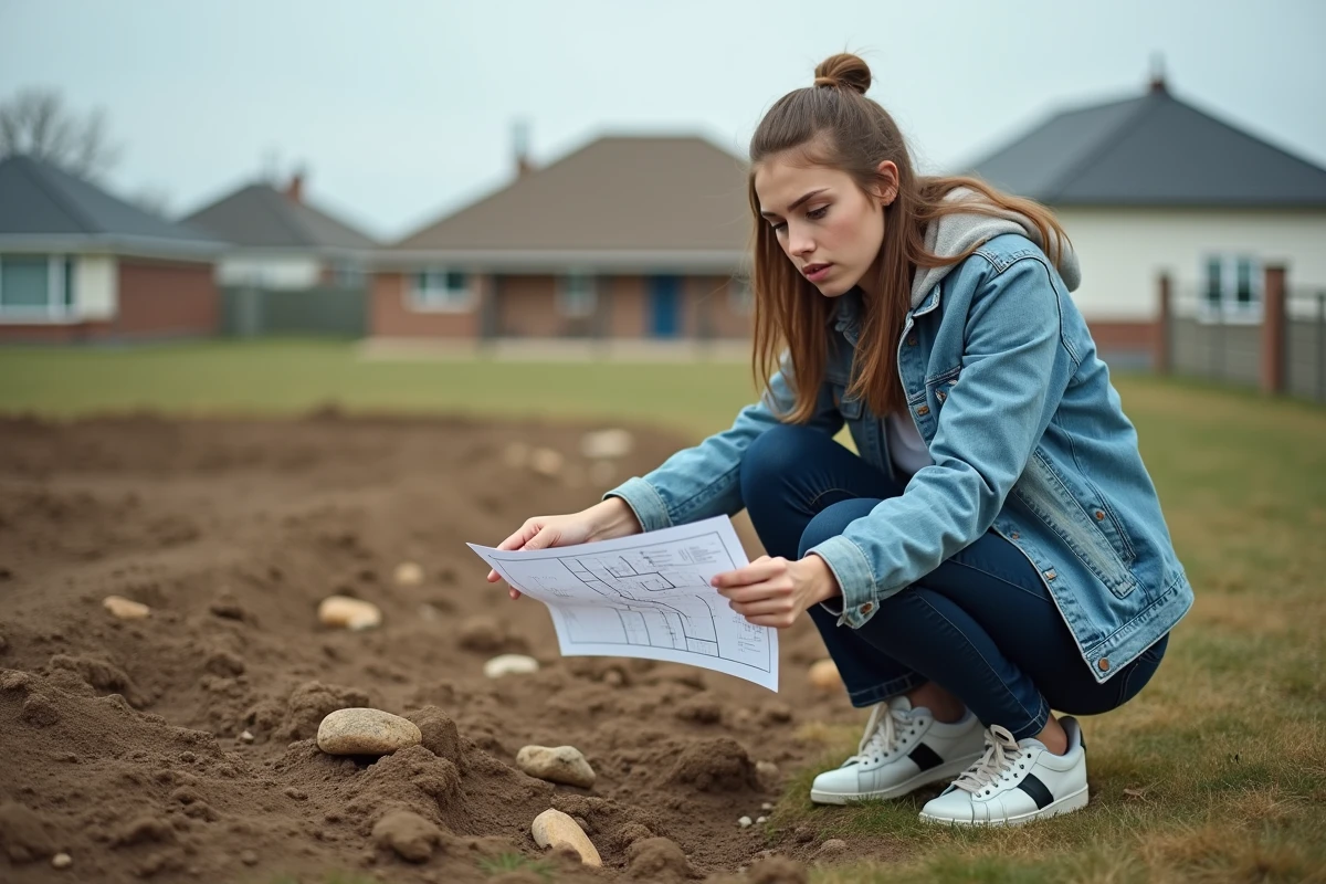 Jeune femme regardant un plan de terrain en extérieur
