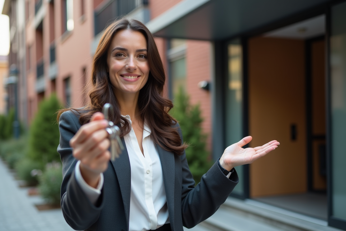 Jeune femme souriante tenant des clés devant un immeuble résidentiel