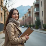 Jeune femme en trench beige dans la rue de Cluses