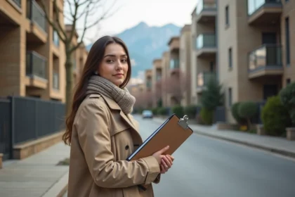 Jeune femme en trench beige dans la rue de Cluses