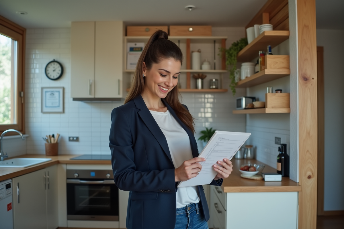 Jeune femme inspectant un inventaire dans une cuisine lumineuse